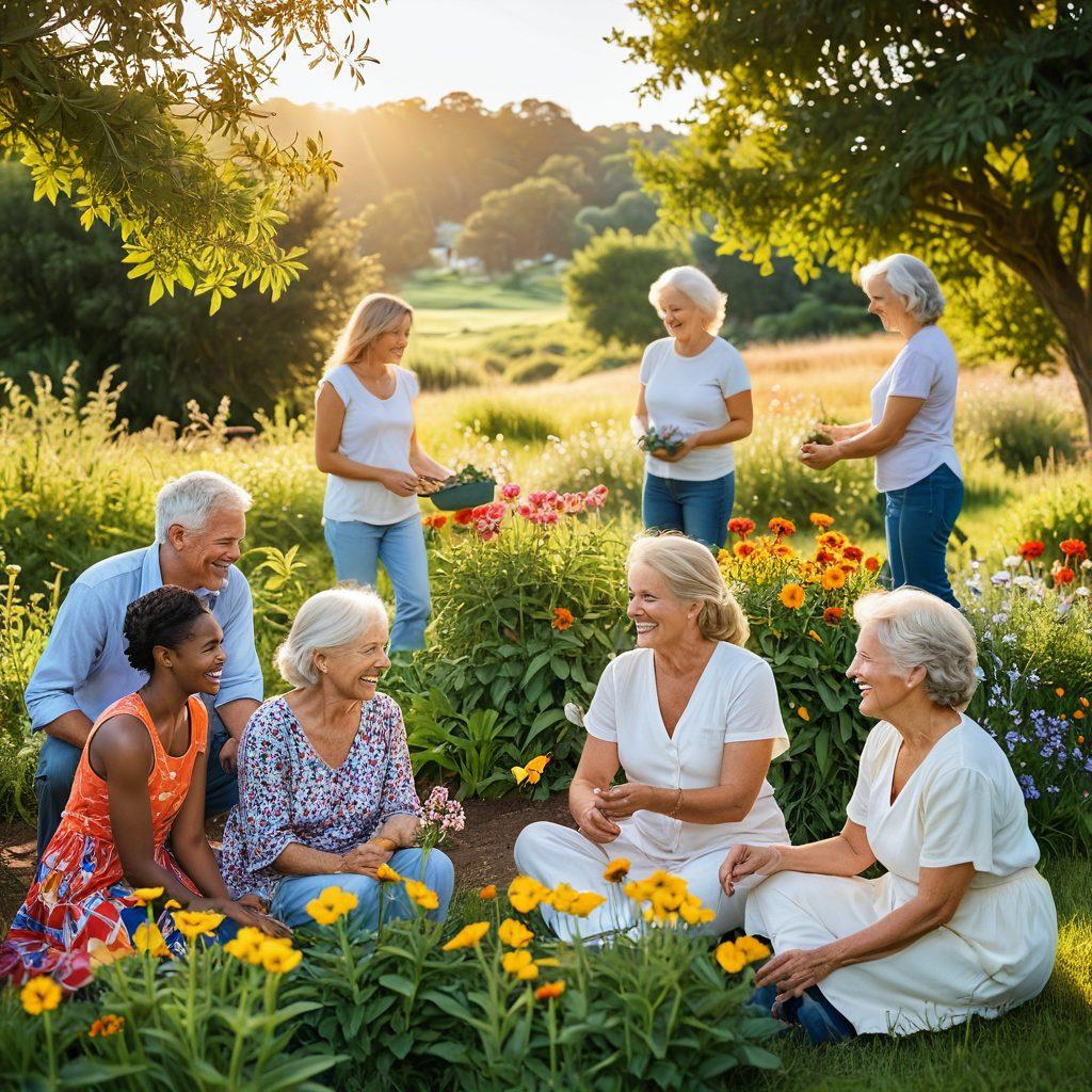 A serene landscape bathed in golden sunlight, featuring a diverse group of people of different ages and backgrounds engaging in activities that promote joy, like laughing, gardening, and sharing food. Incorporate symbols of positivity like blooming flowers and colorful butterflies, with gentle rolling hills in the background. super-realistic. vibrant colors. uplifting atmosphere.