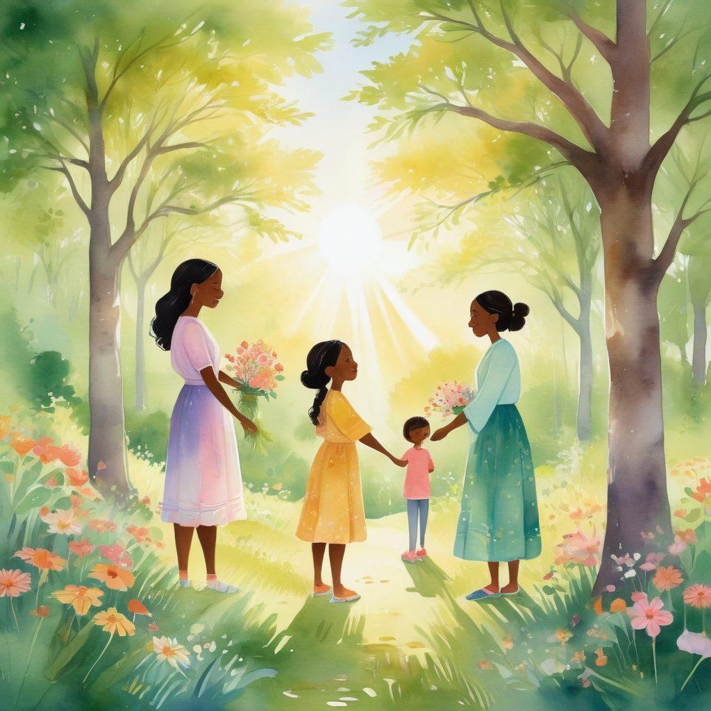 An illustration depicting a serene landscape with people engaging in acts of kindness, such as helping each other and sharing smiles. Radiant sun rays filtering through lush green trees, symbolizing positivity and joy. Soft pastel colors to evoke warmth and comfort, with whimsical floral designs surrounding the scene. Characters diverse in ethnicity, showcasing a sense of unity and love. watercolor painting. vibrant colors.